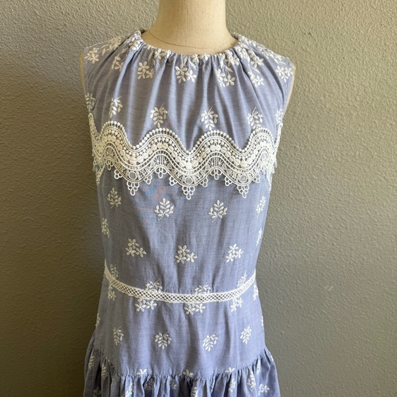 Monique Lhuillier Blue Sleeveless Embroidered Lace Poplin Midi Dress Size 10 EUC - Picture 8 of 9